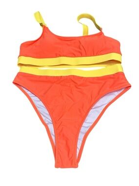 Neon Orange &‎ Yellow Colorblock women’s Bikini Set Size Large Sporty Swim nwot